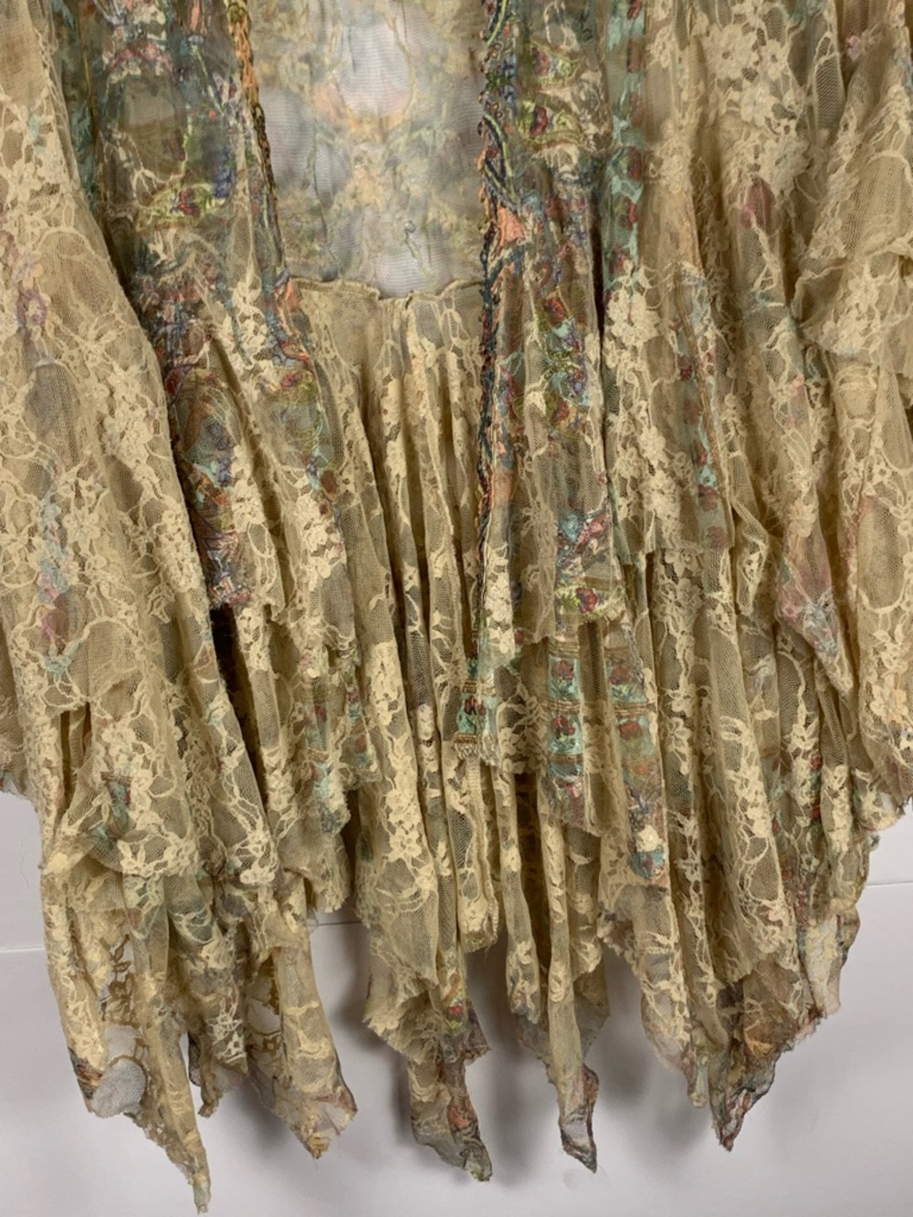 Origami Kimono Cardigan L Beige Lace Hi Low Boho Open Front Ruffle Sheer - Picture 9 of 16